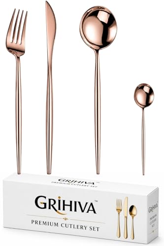 Image of 4 Pcs Rosegold Slim Handle Stainless Steel Cutlery Set for Dining Table with Spoon and Fork Set & Butterknife - The Perfect Tableware /Flatware