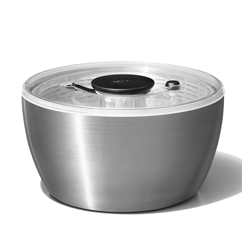 OXO Salad Spinner, Vegetable Drainer, Stainless Steel, Salad Spinner, For 4+ People, Meal Prep, 10.55 x 10.55 x 5.91 inches (26.8 x 26.8 x 15 cm), Dishwasher Safe (Low Temperature Setting)