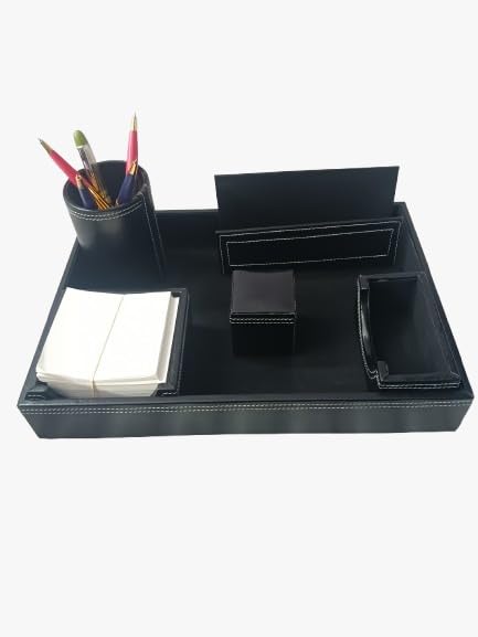 Image of LUVYANSH Genuine Leather Multipurpose Desk Organizer 6-in-1 Desktop Pen Stand With Business Card Holder Mobile Holder & Remote Stand for Office Desk Table Storage Organizer Box(BLACK) Colour