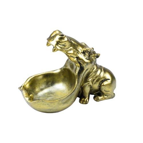 Homoji Hippo Candy Jar – Resin Hippopotamus Figurine with Dish Bowl for Office Desk, Entryway Key Storage | Decorative Art Container for Home & Kitchen (Gold)