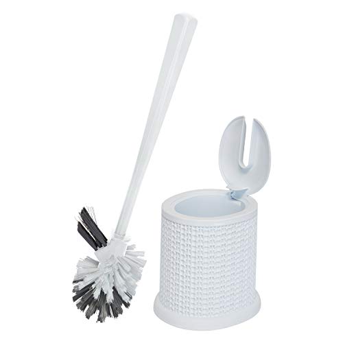 Image of Bath Bliss Self Closing Lid Toilet Brush with Rim Scrubber | Dimensions: 5. 9 inch x 5. 3 inch x 15. 4 inch | Self Closing | 360 Degree Bristle | Bathroom Cleaning | Separate Rim Scrubber | White
