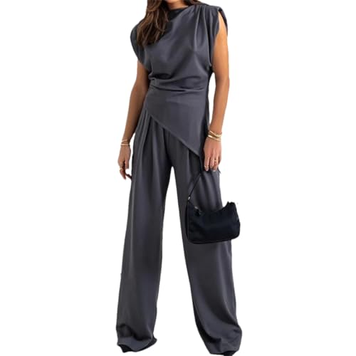 Ensemble droit col rond sans manches et pantalon gris pour femme Alloaone