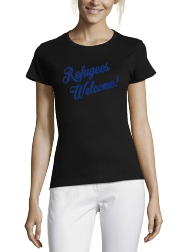 T-shirt noir femme Refugees Welcome en coton col rond