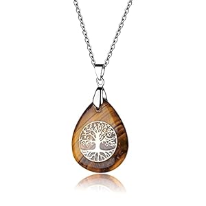 Tijgeroog Stenen Ketting Healing Crystal Gem Hanger met Rvs Ketting Levensboom Hanger-40g, 0.98″x1.37″x0.19″
