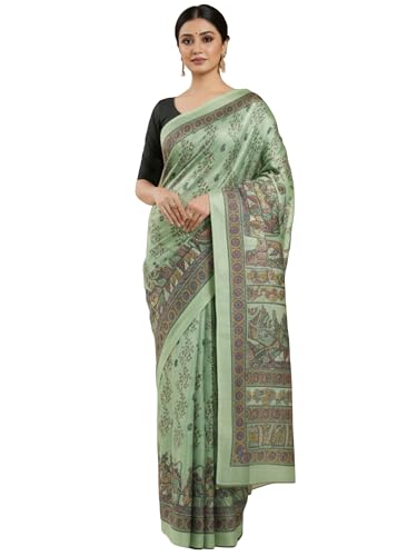 Image of AKHILAM Women's Sea Green Tussar Silk Madhubani Printed Saree With Unstitched Blouse Piece (FF0MDB8405B AI)