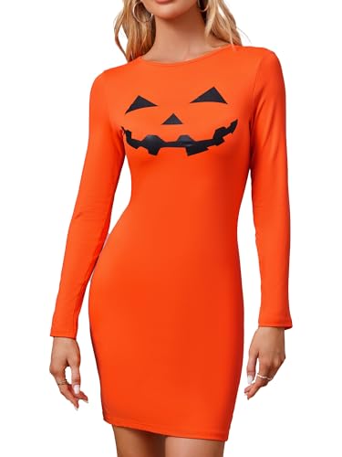 AXUIOKRY Womens Pumpkin Costume Adult Jack O Lantern Dress Sexy Slim Fit Long Sleeve Bodycon Mini Dress AX03-2-XL