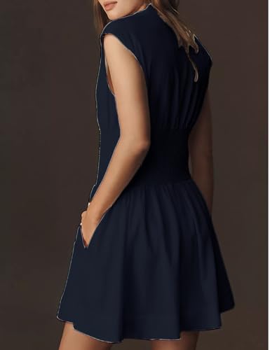 Image of Women's V Neck Summer Dress Cap Sleeve Zipper Mini Dress Smocked Slit Dress with Pockets