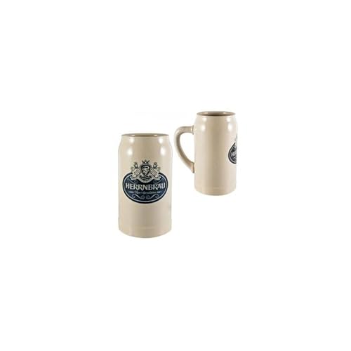 Boccale da Birra, Bicchiere in Ceramica, Boccale con Manico da Collezione da litro Herrnbrau, In ceramica color grigio panna, con il classico manico ad ansa