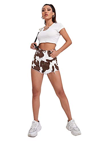 Floerns Women's Raw Hem High Waist Denim Shorts With Pocket Brown White L #TOP4