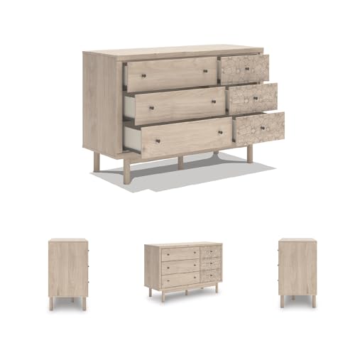 Image of Signature Design by Ashley Birkmore 6 Drawer Dresser, 10-Minute Easy Assembly, Engineered Wood, Whimsical Botanical Accent Drawers for Bedroom, Light Oak Finish
