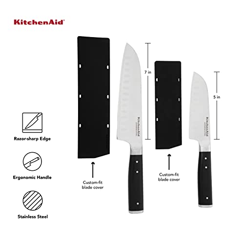 Kitchenaid Gourmet Forged Triple Rivet Santoku Knife Set With Custom-Fit Blade Covers, 7-Inch Santoku Knife, 5-Inch Santoku Knife, 2-Piece Set, High-Carbon Japanese Stainless Steel Blades, Black #TOP4