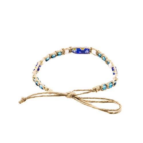 Pulsera tobillera de cáñamo con conchas puka y cristal de Murano azul 4