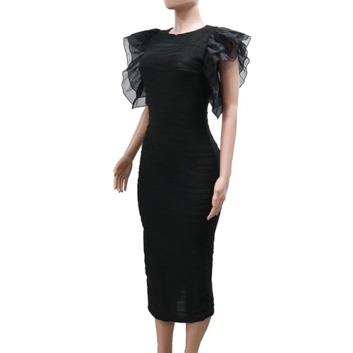 VJJ AIDEAR Women's Flutter Sleeve Ruched Bodycon Textured Pencil Dress Stretchy Business Office Party Dress2