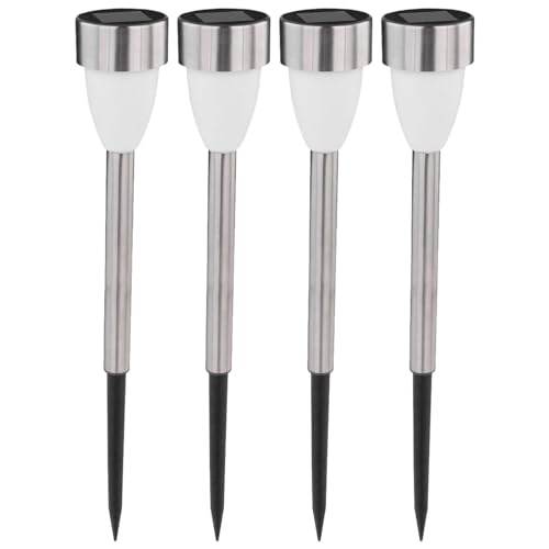 Acan Tradineur - Confezione da 4 torce da giardino in acciaio inox e plastica, luce solare, ricaricabile, per prato, patio, passeggiate, decorazione esterna (grigio, 25 x 5,3 cm)
