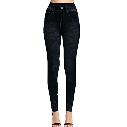 Leggings Imitation Jean Femme Leggings Taille Haute Ceinture Elastiquée Slim Jeggings Extensible Pantalon de Crayon
