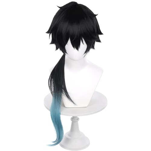 Image of Anime Black Blue Gradient Wig with Bangs Men Long Straight Wig with Ponytail for Women Game Dragon Permansor Cosplay Wig Halloween,Christmas,Comic con,Game Show,Party