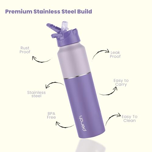 Image of Perch Magic Stainless Steel Water Bottle 1 Ltr Set of 2 | ISI Certified | Single Wall Fridge Bottle | Sipper Cap & Straw Cleaner | BPA Free | for Home, School, Office, Gym & Travel | Crafted by Pexpo