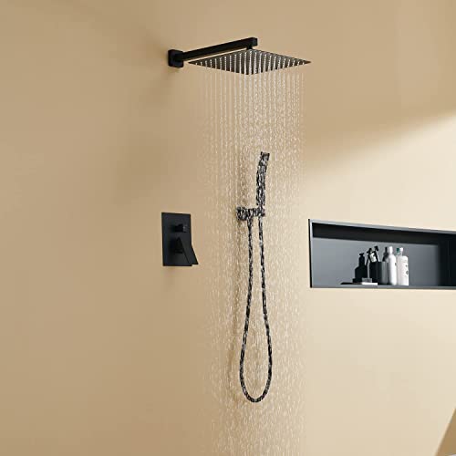 Image of Rain Shower System 12 Inches Shower Combo Set Black Wall Mount Faucet Bathroom Faucets with Rainfall Shower Head and Hand Shower