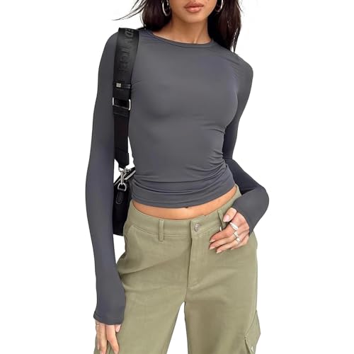 Sfit Langarmshirt Damen Basic Slim Fit Y2K Top Enges Langarm Oberteil Long...