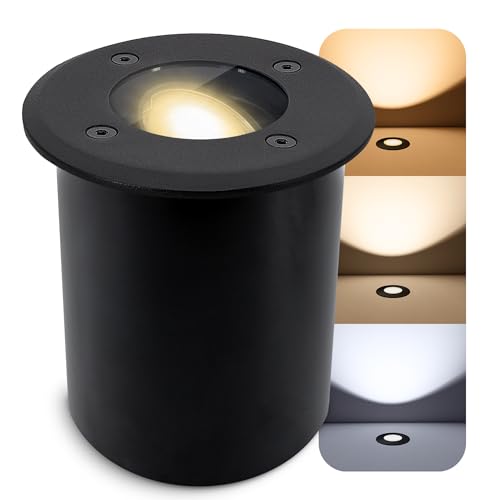 SSC-LUXon JUAVI Bodeneinbauleuchte aussen IP67 LED - Bodenstrahler schwarz rund 230V befahrbar - inkl. GU10 LED Lampe LumiFLEX 5W drei Lichtfarben