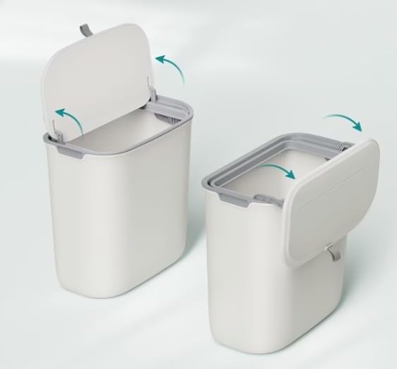 DWDยฎ Under Kitchen Counter Bin 9.5 Litre White Hanging Compost/Waste Bin With 2 Way Lid Ring Slide Down or Lift Up Lid l Cupboard Door Hanging or Stick on Flush Doors/Walls l Bag Seal Ring l Bathroom