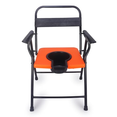 Image of Folding Commode Chair for Adults | Heavy Duty Steel Frame with Removable Pot | Portable Toilet Chair for Elderly, Patients & Home Use | Comfortable Armrest & Back Support (Orange Seat)