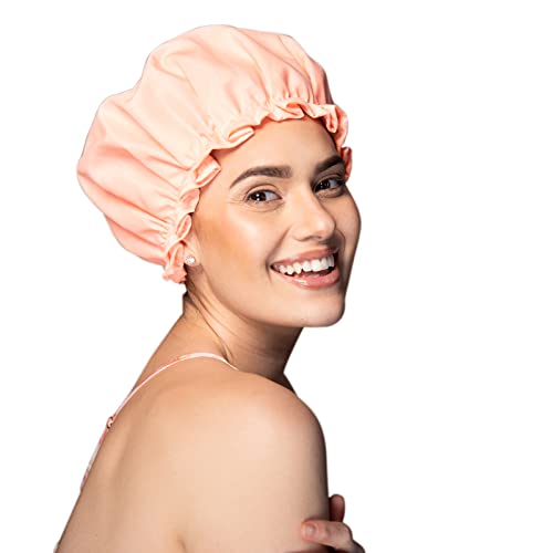 KISMETICS Gorro de ducha grande, doble capa impermeable, gorro de ducha para mujer, gorro de ducha reutilizable para cabello corto y largo, color melocotón