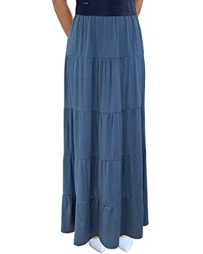 BABY O Women's Tiered Boho Gypsy Long Maxi Skirt Elastic Waist (Denim Blue - X-Small)