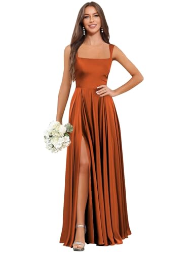 Satin Bridesmaid Dresses for Women Spaghetti Straps Pleated Evening Prom Party Gown with Slit
