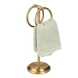 J&V TEXTILES Steel Towel Rack Holder Stand with 2 Hanging Rings for Bathroom Vanity Countertops - Space Saving Hand Towel Holder (Aged Brass)