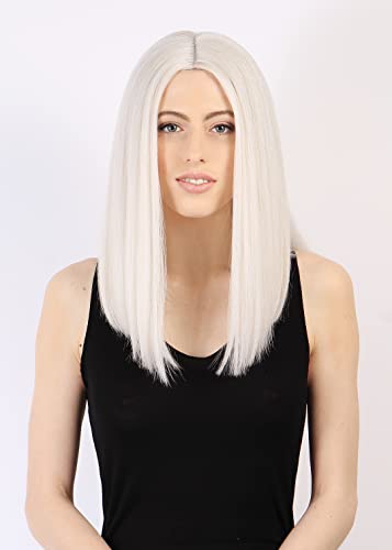 Perruque lace blanche mi-longue pour cosplay et soirées à thème sans frange
