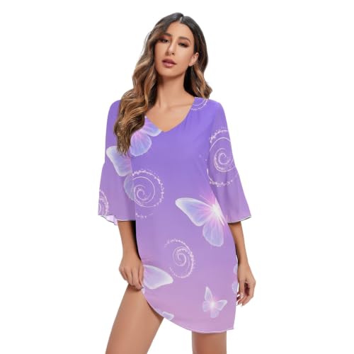 Robe Courte Manches 3/4 Violette Motif Papillon Vêtement Été Femme