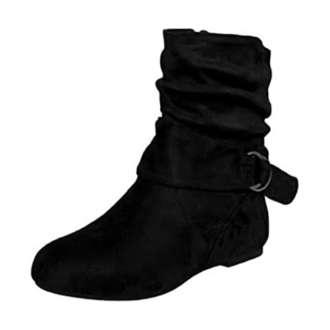 Womens Suede Boots Mid Ankle Boot Slouch booties Thermal Winter Shoes Buckle Side Zip Biker Boots Round Toe Flat Booties Cover