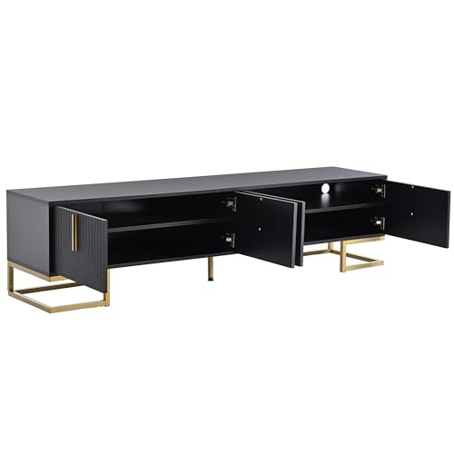 Merax Modern TV Stand with Metal Legs, Gold Handles, Geometric Lines and Adjustable Shelves for TVs Up to 80'', Media Console Table, Luxury Storage Cabinets for Living Room, Black