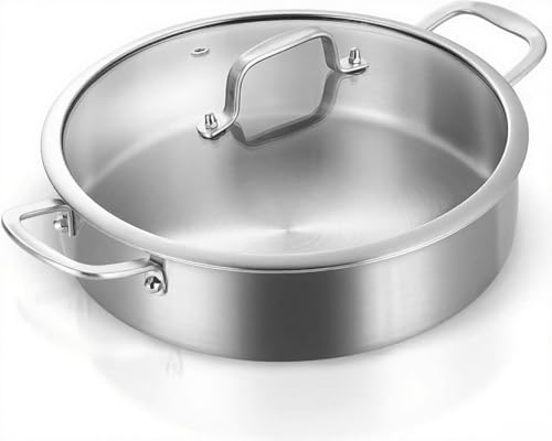 DELARLOCHEF Schmorpfanne 28 cm Hoher Rand 9,5 cm: Dreilagige Edelstahl Pfanne mit Deckel,Bräter Induktion,Schmortopf mit Deckel 5,2 Liter,Full Clad Stainless Steel Pan with Lid