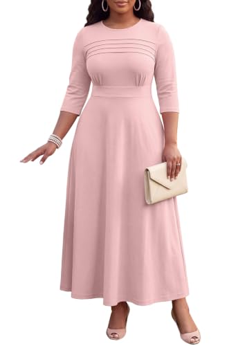 Image of FANDEE Fit-and-Flare Maxi Dress Round Neck Pleated Front Side Pockets | Front pleats soft flatter your bust shape; Empire Waist lengthen your figure; 3 /4 sleeves round neck suit for many occasions