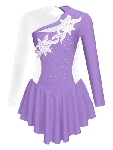 inlzdz Figure Ice Skating Dress for Kids Girls Long Sleeve Rhinestones Mesh Splice Gym Skirted Leotard Dance Performance Costume Lavender 7-8 Years