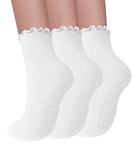3 Pairs Pilates Socks with Grips for Women Non Slip Grip Ruffle Yoga Ankle Grippy Socks