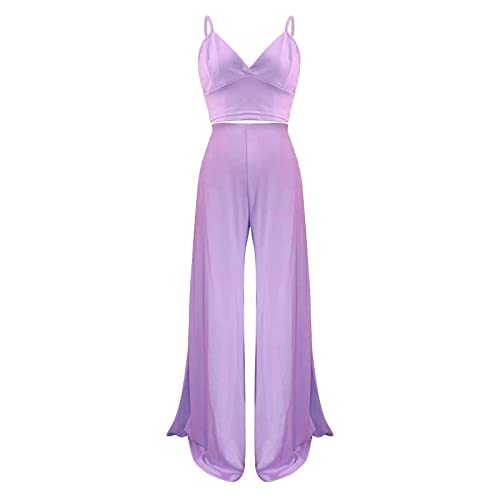 Conjunto casual de dos piezas con tirantes de color sólido para mujer, cintura alta, bolsillo, pantalones de pierna ancha, vestido midi casual, trajes deportivos para exteriores, Morado (, S
