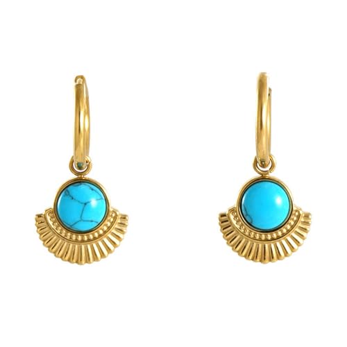 Image of Boho Turquoise Dangle Earrings for Women Girls 18k Gold Plated Hypoallergenic Stainless Steel Bohemian Hoop Earring Vintage Blue Turquoise Birthstone Fan Shaped Birthday Lightweight Jewellery