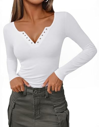 Totatuit Top Mujer Sexy de Punto Canale con Escote en V y Aro Metálico Ajustado Camiseta de Manga Larga Elegante de Algodón Blanco，L