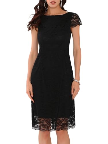 Women's Floral Lace Dress Cap Sleeve Boat Neck Cocktail Midi Wedding Guest Dresses