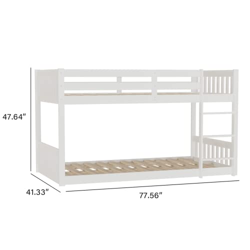 Joymor Solid Wood Low Twin Over Twin Bunk Bed For Kids/Toddlers/Junior, Bunk Bed Frame With Guardrails & Ladder For Boys Girls, No Box Spring Needed, White #TOP1