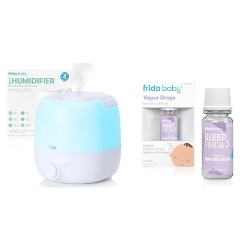 Image of Frida Baby 3-in-1 Cool Mist Humidifier for Large Rooms, Top Fill Humidifier for Bedroom, Essential Oil Diffuser + Lavender Essential Oil Bath Drops for Relaxing & Calming Aromatherapy Oil