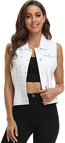 MISS MOLY Women White Jean Vest Sleeveless Denim Vest with Chest Pockets-XL