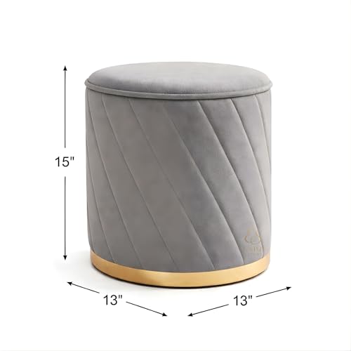 Image of Luxury Round Velvet Ottoman Stool with Gold Base - Modern Upholstered Footrest Pouffe, Tufted Vanity Seat, Living Room Bedroom Dressing Stool (Grey)