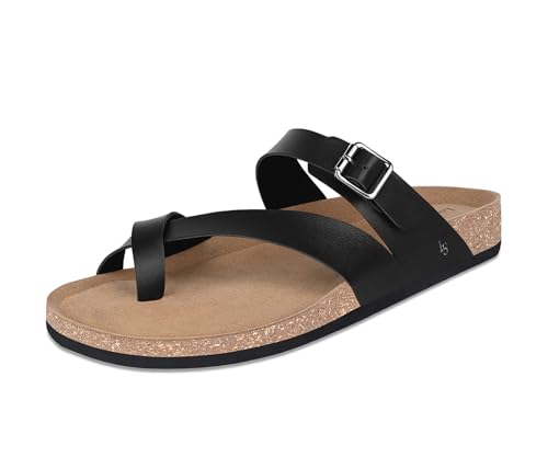 Image of LOUIS STITCH Comfortable Open Toe Cork Sandals | Black Lightweight Casual Sliders with Toering and Easy Slip-on Slippers | Back Open Sandals | LSOF-10-JB