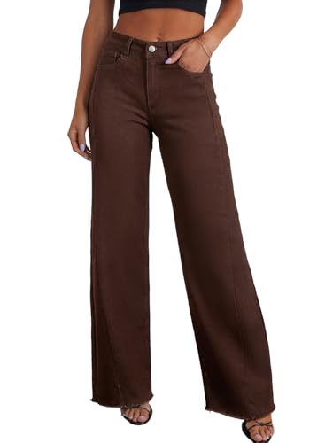 Sidefeel Womens Wide Leg Jeans High Waisted Stretchy Fashion Clothing Denim Pants Size 8 Coffee