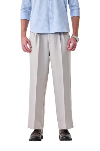 Image of SNITCH Men Casual Trousers | Relaxed Fit with Turned-Up Cuffs & Solid Pattern | Cotton Blend Fabric with Medium Stretch for Summer & Everyday Wear