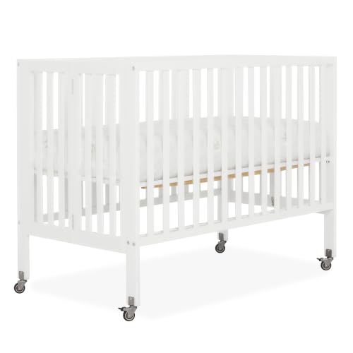 Dream On Me Quinn Full-Size Portable Baby Crib in White, GreenGuard Gold & BSA, Patented Quick Fold System, Adjustable Mattress Support, Heavy-Duty Wheels, Compact Design, Safe Sleep Assurance